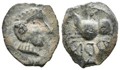 CARISA. Semis. 50 a.C. Bornos (Cádiz) A/ Cabeza masculina a derecha. R/ Jinete con lanza y rodela a izquierda, debajo CARSA (R invertida). FAB-449var....