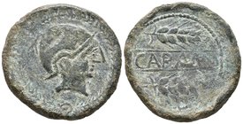 CARMO. As. 80 a.C. Carmona (Sevilla) A/ Cabeza masculina a derecha, con casco dentro de láurea. R/ CARMO entre dos espigas a derecha. FAB-454. Ae. 27,...