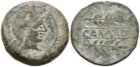 CARMO. As. 80 a.C. Carmona (Sevilla) A/ Cabeza masculina a derecha, con casco dentro de láurea. R/ CARMO entre dos espigas a derecha. FAB-454. Ae. 28,...