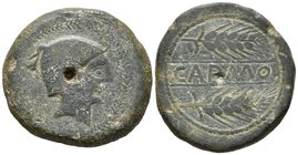 CARMO. As. 80 a.C. Carmona (Sevilla) A/ Cabeza masculina a derecha, con casco dentro de láurea. R/ CARMO entre dos espigas a derecha. FAB-454. Ae. 25,...