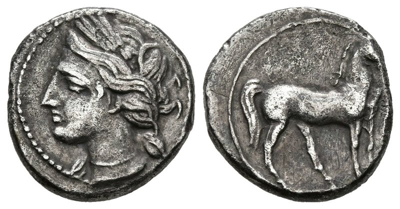 ZEUGITANIA. 1/4 Shekel. 220-205 a.C. Carthago. A/ Cabeza de Tanit a izquierda. R...