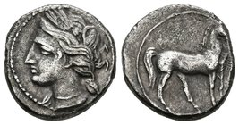 ZEUGITANIA. 1/4 Shekel. 220-205 a.C. Carthago. A/ Cabeza de Tanit a izquierda. R/ Caballo parado a derecha. SNG Copenhagen 335. Ar. 1,79g. MBC+.