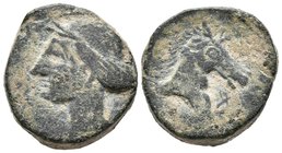 CARTAGONOVA. Calco. 220-215 a.C. Cartagena (Murcia). A/ Cabeza de Tanit a izquierda. R/ Cabeza de caballo a derecha, delante letra fenicia Alef. FAB-5...