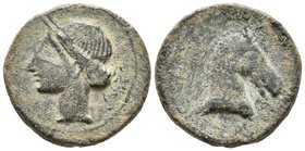 CARTAGONOVA. Calco. 220-215 a.C. Cartagena (Murcia). A/ Cabeza de Tanit a izquierda. R/ Cabeza de caballo a derecha. FAB-514. Ae. 9,77g. MBC.