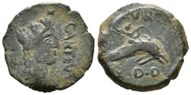 CARTEIA. Semis. Epoca de Augusto. 27 a.C.-14 d.C. San Roque (Cadiz). A/ Cabeza femenina con corona mural a derecha, delante CARTEIA y detrás tridente....