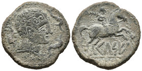 CELSE. As. 120-50 a.C. Velilla del Ebro (Zaragoza). A/ Cabeza masculina a derecha con manto y fíbula, alrededor de tres delfines. R/ Jinete con palma ...