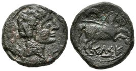 CELSE. Semis. 120-50 a.C. Velilla de Ebro (Zaragoza). A/ Cabeza masculina a derecha, rodeada por tres delfines. R/ caballo a rienda suelta a derecha, ...