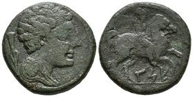 CESE. As. 120-20 a.C. Tarragona. A/ Cabeza masculina a derecha, detrás punta de lanza. R/ Jinete con palma a derecha y debajo CeSE. FAB-2284. Ae. 11,6...
