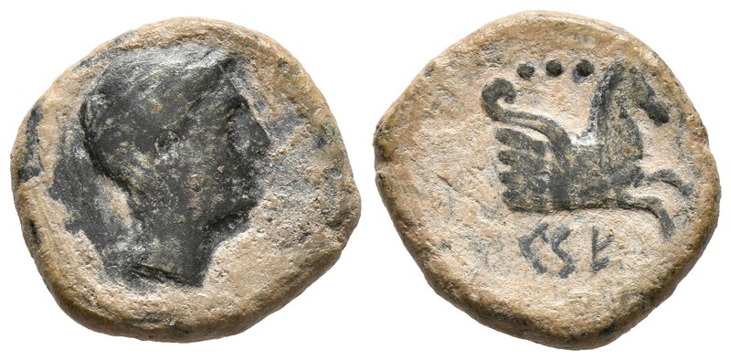 CESE. Cuadrante. 110-20 a.C. Tarragona. A/ Cabeza masculina a derecha, detrás ca...