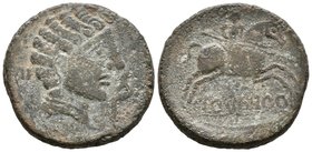 CLOUNIOQ. As. 120-40 a.C. Coruña del Conde (Burgos). A/ Cabeza masculina a derecha, delante delfín, detrás II. R/ Jinete con lanza a derecha, debajo C...