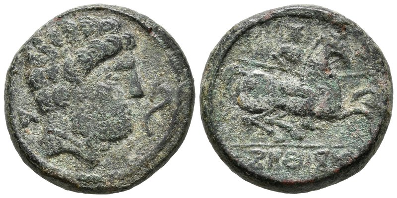 CONTERBIA CARBICA. As. 120-80 a.C. Huete (Cuenca). A/ Cabeza barbada a derecha, ...