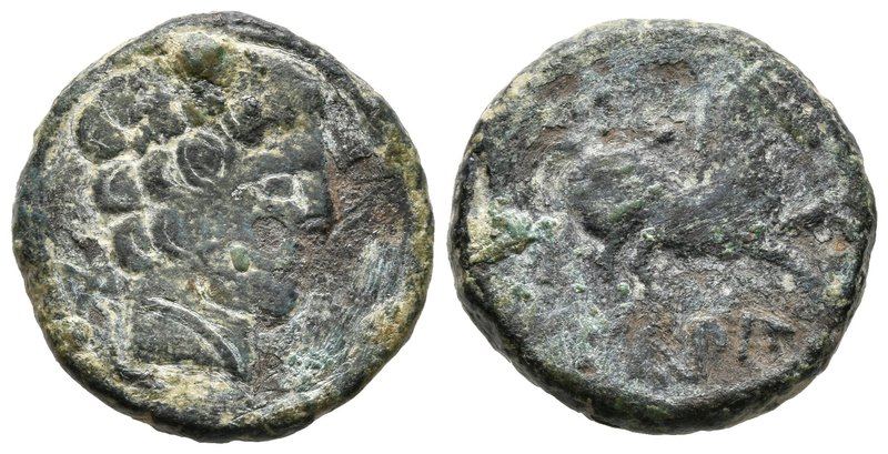 CONTERBIA CARBICA. Semis. 120-80 a.C. Huete (Cuenca). A/ Cabeza barbada a derech...