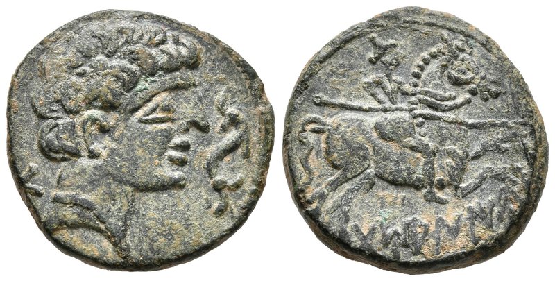 DAMANIU. As. 120-80 a.C. Huete (Cuenca). A/ Cabeza masculina a derecha, delante ...