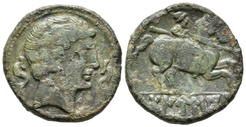 DANUSIA. As. 120-20 a.C. Botija (Cáceres). A/ Busto a derecha entre dos delfines...
