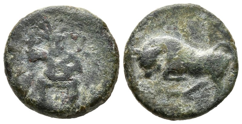 EBUSUS. 1/4 Calco. 200-100 a.C. Ibiza (Islas Baleares). A/ Bes de frente sosteni...