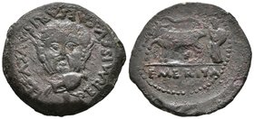 EMERITA AUGUSTA. As. Epoca de Octavio 22 a.C.-14 d.C. Mérida (Badajoz). A/ Cabeza barbada de frente de dios fluvial local, debajo de su boca ánfora ve...