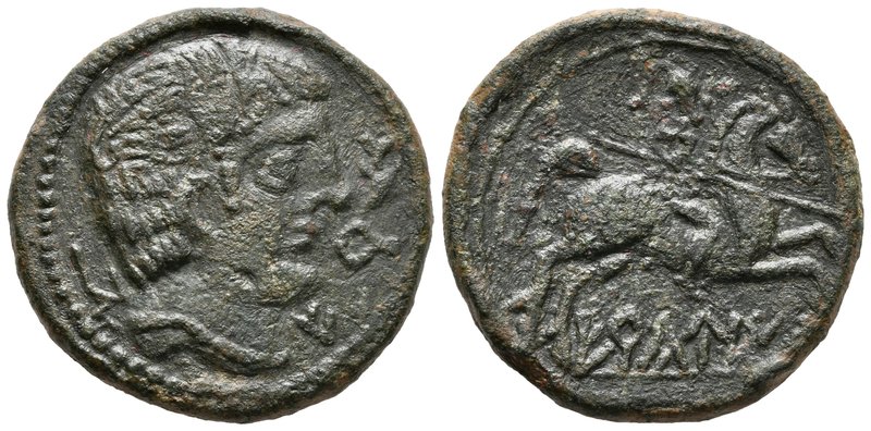 ERCAUICA. As. 120-20 a.C. Cañaveruelas (Cuenca). A/ Cabeza masculina a derecha, ...
