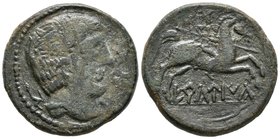 ERCAUICA. As. 120-20 a.C. Cañaveruelas (Cuenca). A/ Cabeza masculina a derecha, detrás arado, delante delfín y letras ibéricas ER. R/ Jinete con lanza...