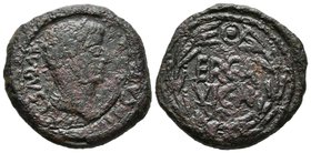 ERCAVICA. Semis. Epoca de Tiberio. 14 - 36 d.C. Castro de Santaver (Cuenca). A/ Cabeza laureada de Tiberio a derecha. TI. CAESAR. AVGVSTVS. R/ Láurea,...