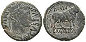 ERCAVICA. As. Epoca de Augusto. 27 a.C.-14 d.C. Cañaveruelas (Cuenca). A/ Cabeza laureada de Augusto a derecha, alrededor AVGVSTVS DIVI·F. R/ Toro a d...