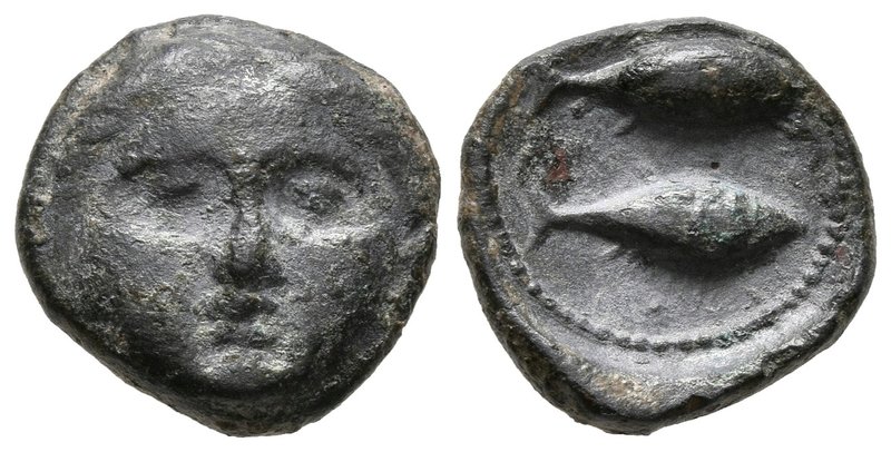 GADES. 1/2 Calco. 300-200 a.C. Cádiz. A/ Cabeza frontal de Helios. R/ Dos atunes...