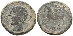 ICALCUNSCEN. As. 120-20 a.C. Iniesta (Cuenca). A/ Cabeza masculina a izquierda, delante caduceo, detrás delfín. R/ Jinete con lanza y rodela a izquier...