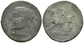 ICALCUNSCEN. As. 120-20 a.C. Iniesta (Cuenca). A/ Cabeza masculina a izquierda, delante caduceo, detrás delfín. R/ Jinete con lanza y rodela a izquier...