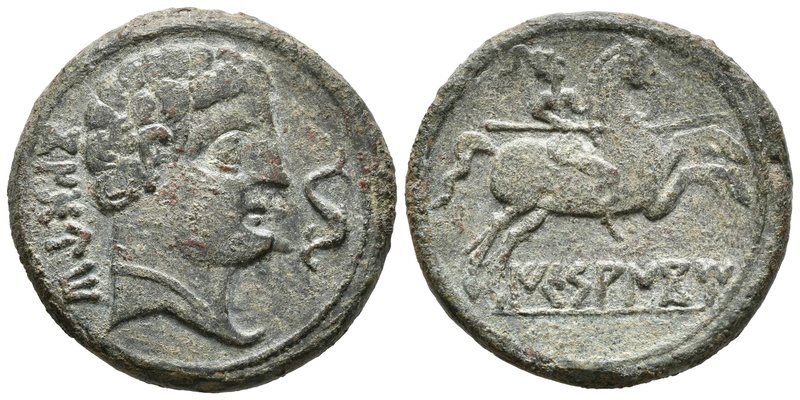 ICESANCOM. As. 120-20 a.C. Alcalá de Henares (Madrid). A/ Cabeza masculina a der...