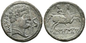 ICESANCOM. As. 120-20 a.C. Alcalá de Henares (Madrid). A/ Cabeza masculina a derecha, delante delfín, detrás leyenda CoNBoUTo. R/ Jinete con lanza a d...
