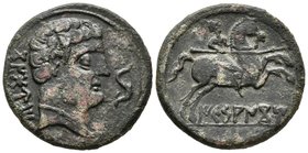 ICESANCOM. As. 120-20 a.C. Alcalá de Henares (Madrid). A/ Cabeza masculina a derecha, delante delfín, detrás leyenda CoNBoUTo. R/ Jinete con lanza a d...