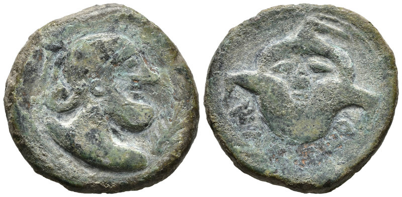 ILIBERRI. As. 150-20 a.C. Granada. A/ Busto con casco a derecha delante palma. R...
