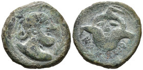 ILIBERRI. As. 150-20 a.C. Granada. A/ Busto con casco a derecha delante palma. R/ Triskeles rodeada de puntos, debajo en ibérico ILTuRIR. FAB-1506. Ae...