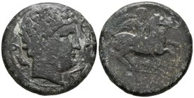 ILTIRTA. As Uncial. 220-200 a.C. Lleida (Cataluña). A/ Cabeza imberbe a derecha, alrededor tres delfines. R/ Jinete con palma a derecha, debajo sobre ...