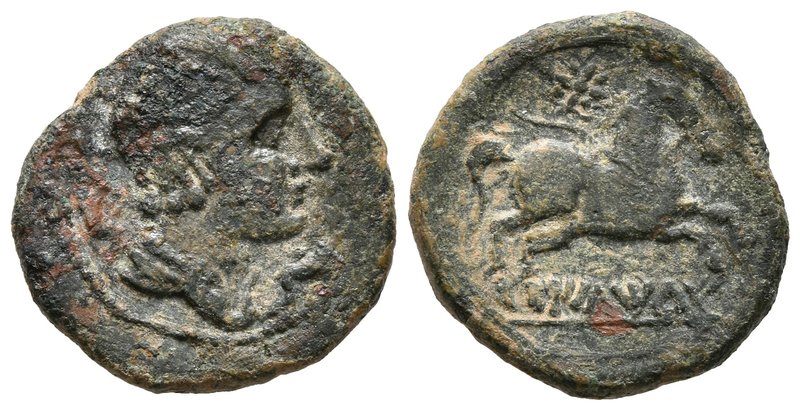 ILTIRTA. Semis. 220-200 a.C. Lleida (Cataluña). A/ Cabeza masculina con collar y...