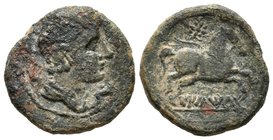 ILTIRTA. Semis. 220-200 a.C. Lleida (Cataluña). A/ Cabeza masculina con collar y manto a derecha, alrededor tres delfines. R/ Caballo con rienda suelt...