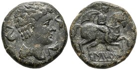 ILTIRTA. As. 220-200 a.C. Lleida (Cataluña). A/ Cabeza masculina con manto y fíbula a derecha, alrededor tres delfines. R/ Jinete con palma a derecha,...