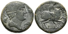 ILTIRTA. As. 220-200 a.C. Lleida (Cataluña). A/ Cabeza masculina con manto y fíbula a derecha, alrededor tres delfines. R/ Jinete con palma a derecha,...