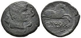 ILTIRTA. Semis. 220-200 a.C. Lleida (Cataluña). A/ Cabeza masculina con collar y manto a derecha, alrededor tres delfines. R/ Caballo con rienda suelt...