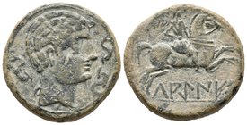 LAGINE. As. 120-20 a.C. Zona de Aragón. A/ Cabeza masculina a derecha con adornos en el cuello, rodeada de tres delfines. R/ Jinete con palma a derech...