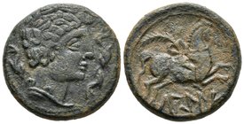 LAGINE. As. 120-20 a.C. Zona de Aragón. A/ Cabeza masculina a derecha con adornos en el cuello, rodeada de tres delfines. R/ Jinete con palma a derech...