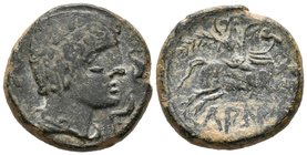 LAGINE. As. 120-20 a.C. Zona de Aragón. A/ Cabeza masculina a derecha con adornos en el cuello, rodeada de tres delfines. R/ Jinete con palma a derech...
