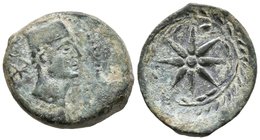 MALACA. Semis. 200-20 a.C. Málaga. A/ Cabeza de Vulcano a derecha, con birrete plano, detrás leyenda tipo A y tenazas. R/ Estrella de ocho rayos dentr...