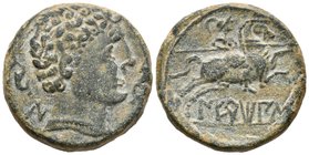NERTOBIS. As. 120-20 a.C. Calatorao (Zaragoza). A/ Cabeza masculina imberbe a derecha entre delfines, detrás letra ibérica N. R/ Jinete con lanza a de...