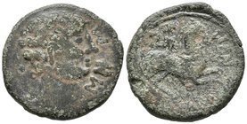 OILAUNICOS. As. 120-20 a.C. Zona norte del Ebro. A/ Cabeza laureada a derecha, delante letras ibéricas SOS, detrás punto. R/ Jinete con hoz a derecha,...