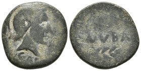 ONUBA. As. 50 a.C. Huelva. A/ Cabeza masculina con casco a derecha, delante leyenda C.CAE(LI Q. PVBLILI). R/ Dos espigas a derecha, entre ellas ONVBA....