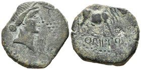 ORIPPO. As. 50 a.C. Dos Hermanas (Sevilla). A/ Cabeza a derecha, delante racimo de uvas. R/ Toro andando a derecha, encima creciente y debajo ORIPPO. ...