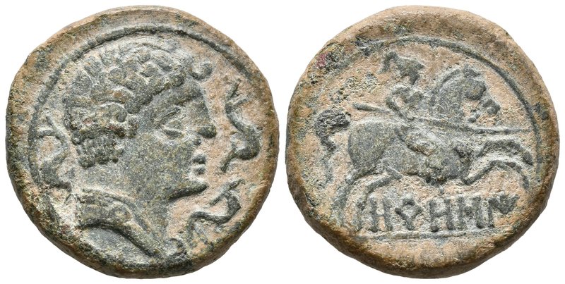 OROSIS. As. 120-20 a.C. Zona media del Ebro. A/ Cabeza masculina a derecha rodea...