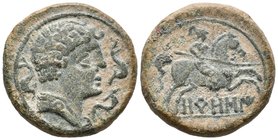 OROSIS. As. 120-20 a.C. Zona media del Ebro. A/ Cabeza masculina a derecha rodeada de tres delfines. R/ Jinete con lanza a derecha, debajo OROSI. FAB-...