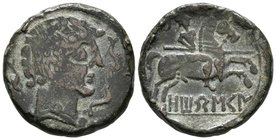 OTOBESCEN. As. 120-20 a.C. Zona norte del Ebro. A/ Cabeza masculina a derecha rodeada de tres delfines. R/ Jinete con lanza a derecha, debajo leyenda ...