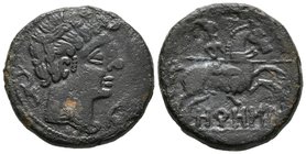 OROSIS. As. 120-20 a.C. Zona media del Ebro. A/ Cabeza masculina con adornos en el cuello a derecha rodeada de tres delfines. R/ Jinete con lanza a de...